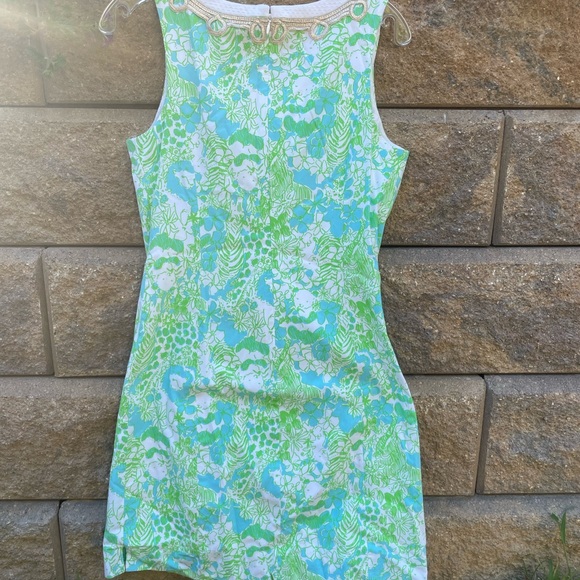 LILY PULITZER DRESS JANICE SHIFT GREEN PANDAMONIUM PANDA GOLD LACE TRIM - Picture 4 of 7